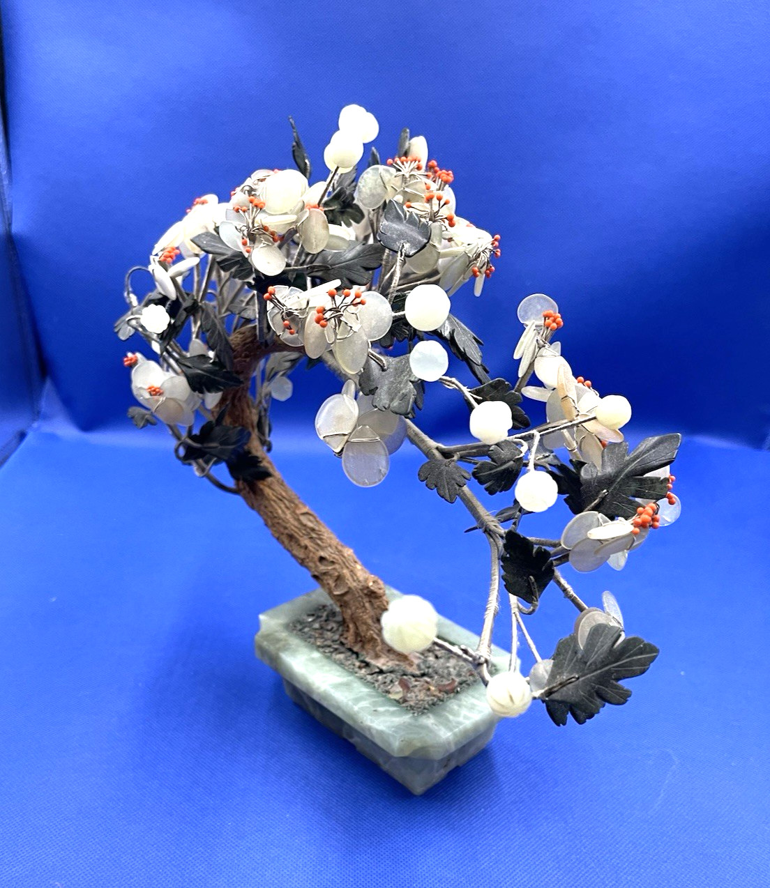 Vintage Large Chinese Jade Base Gemstone Flowers Bonsai Tree Sculpture 989