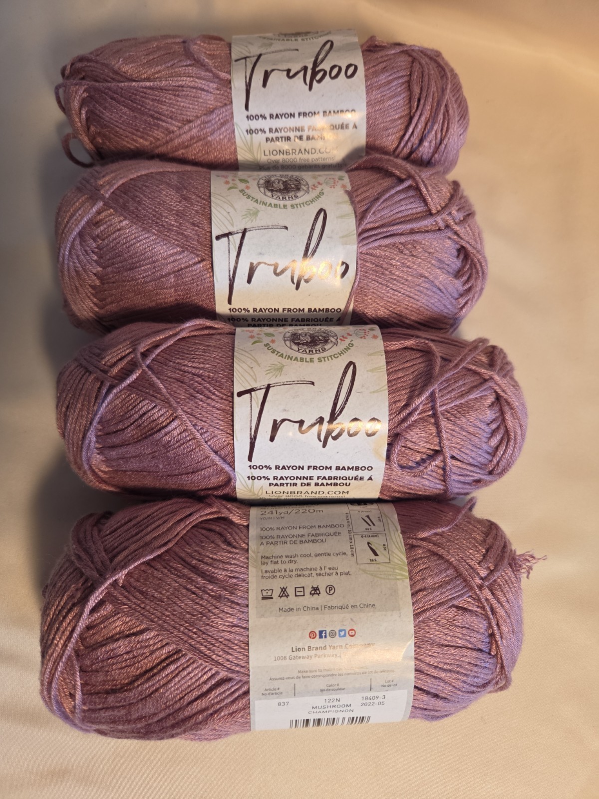 (4 Pack) Lion Brand Yarn 837-104U Truboo Yarn, Mushroom Champignon, SO SOFT!