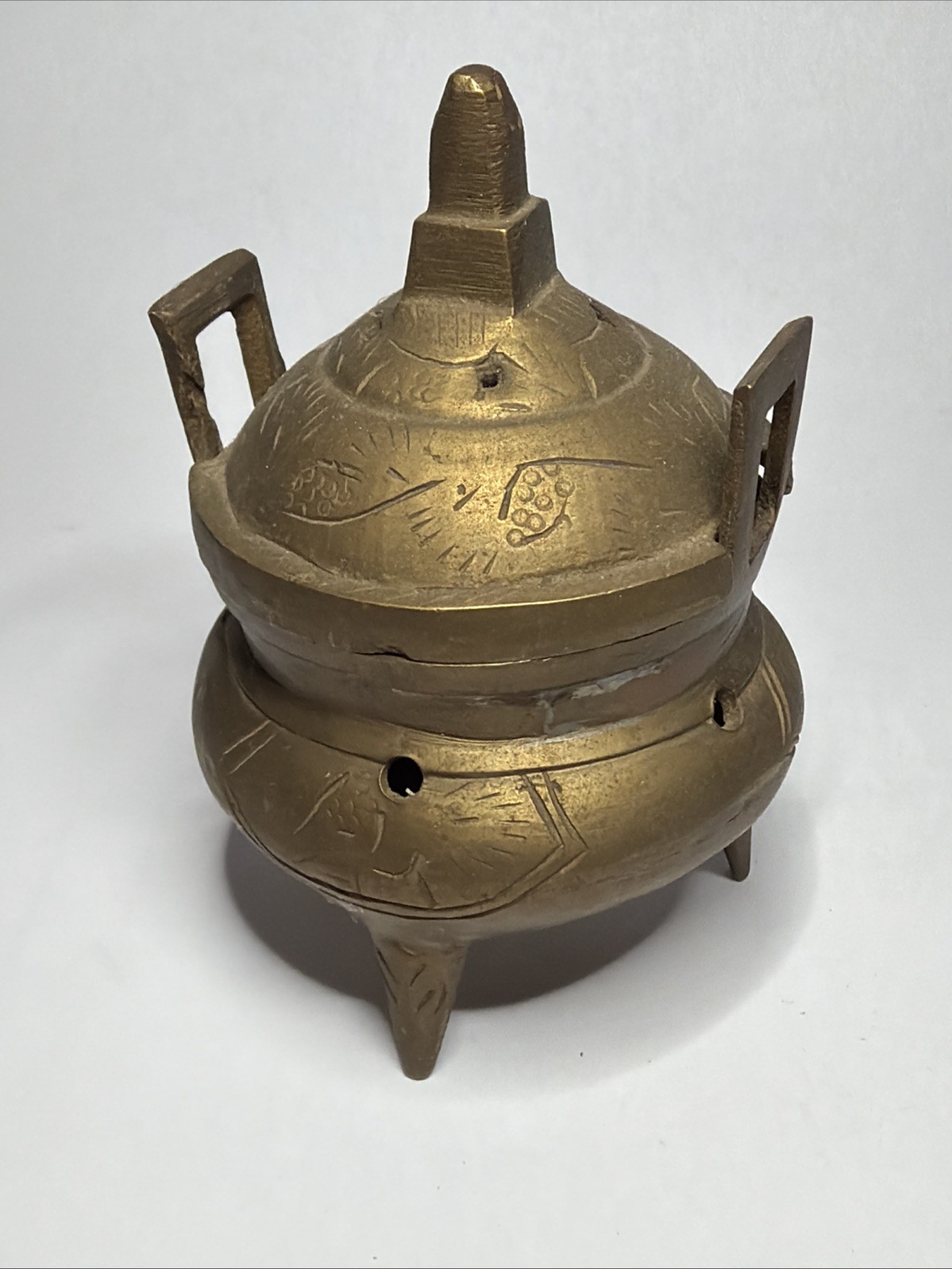 Vintage Marked 4” Chinese Brass Footed Incense Burner Holder Tri Footed