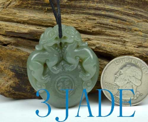 Natural Nephrite Jade Lions / Foo Dogs Pendant
