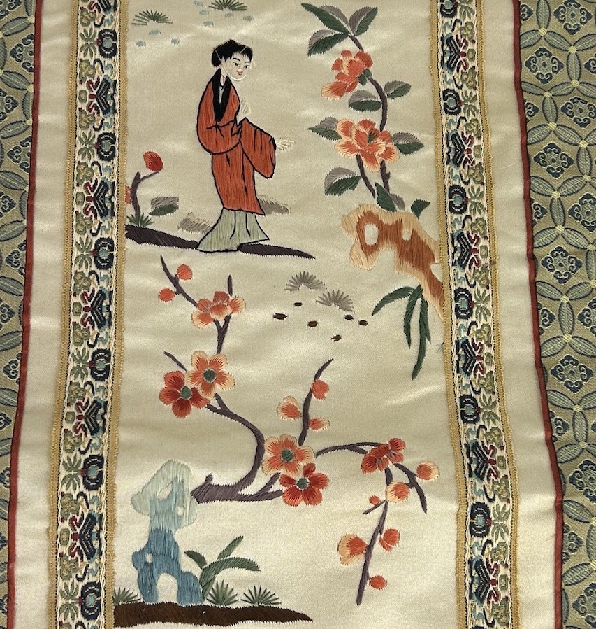 Vintage Asian Silk Panels Embroidery Needlepoint Wall Hanging Set Lot Pair 2