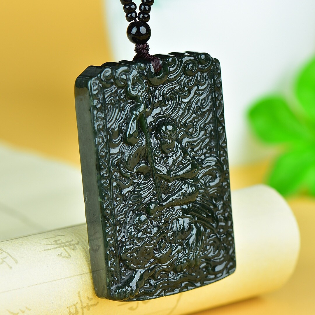 Chinese Hetian Gray Jade Hand Carving Buddhism Ksitigarbha Boddhisattva Pendant