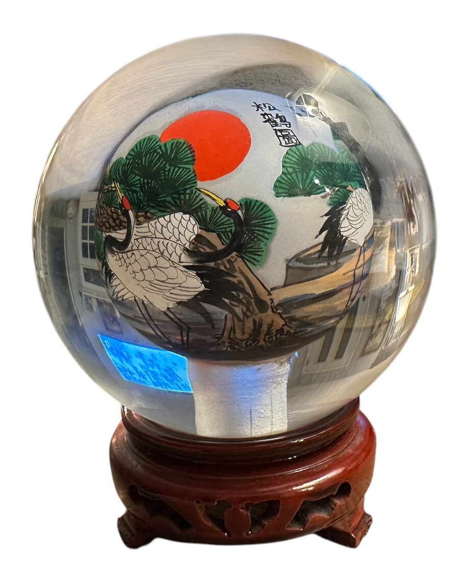 Interior Painted Glass Sphere Depicting Beautiful Scenes With Cranes Vintage