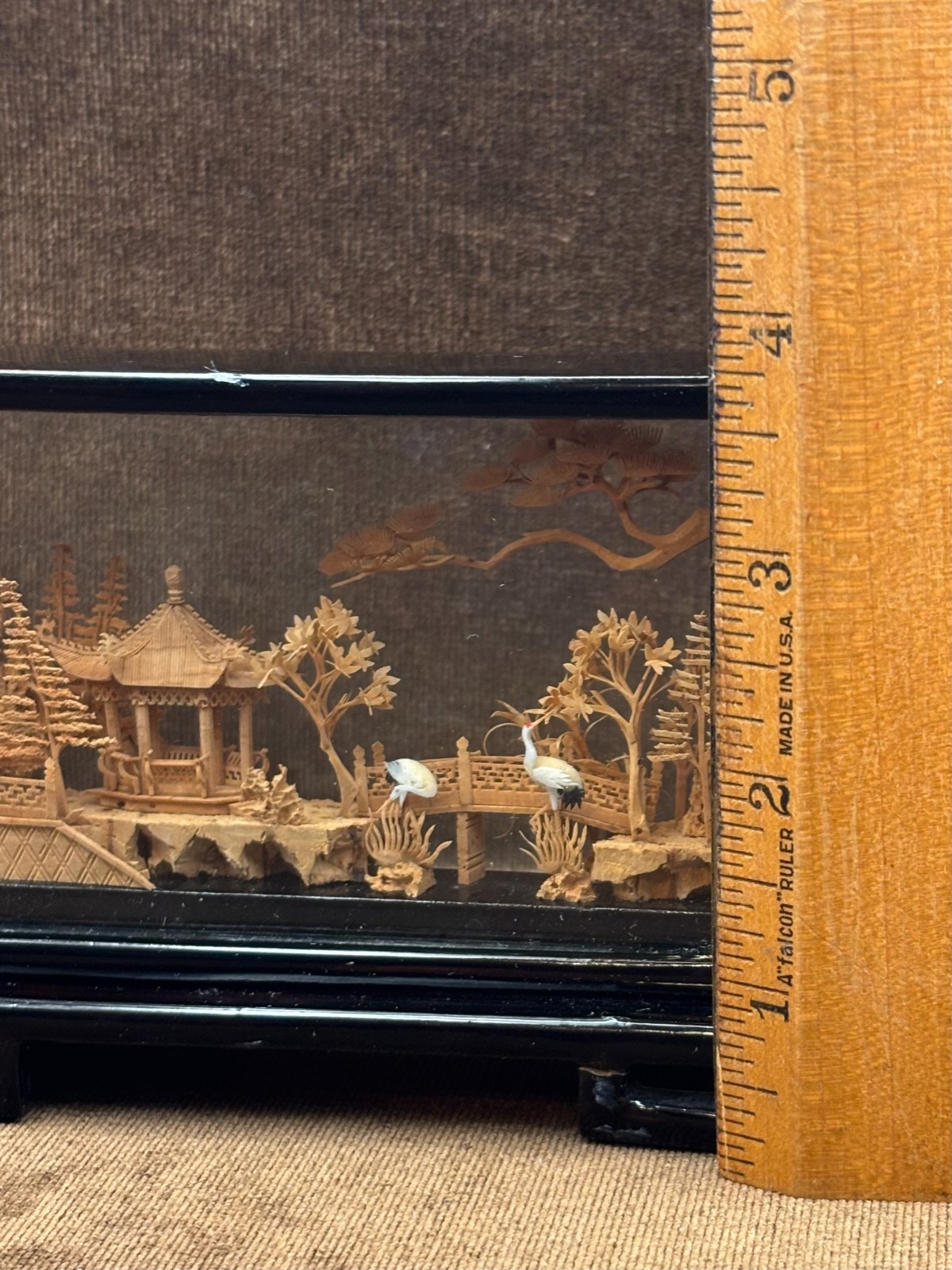 Chinese Carved Cork Sculpture Diorama 2 White Cranes Herons Black Enamel Frame