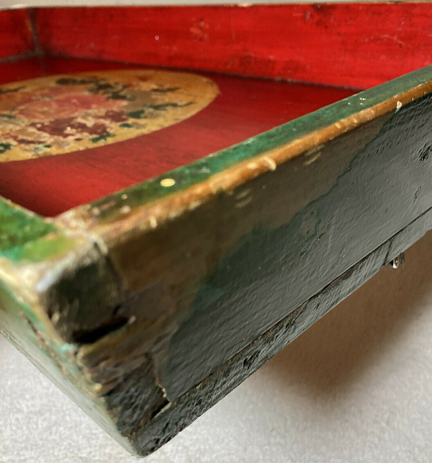 Asian / Chinese antique red green lacquer peony wood serving tray 26”