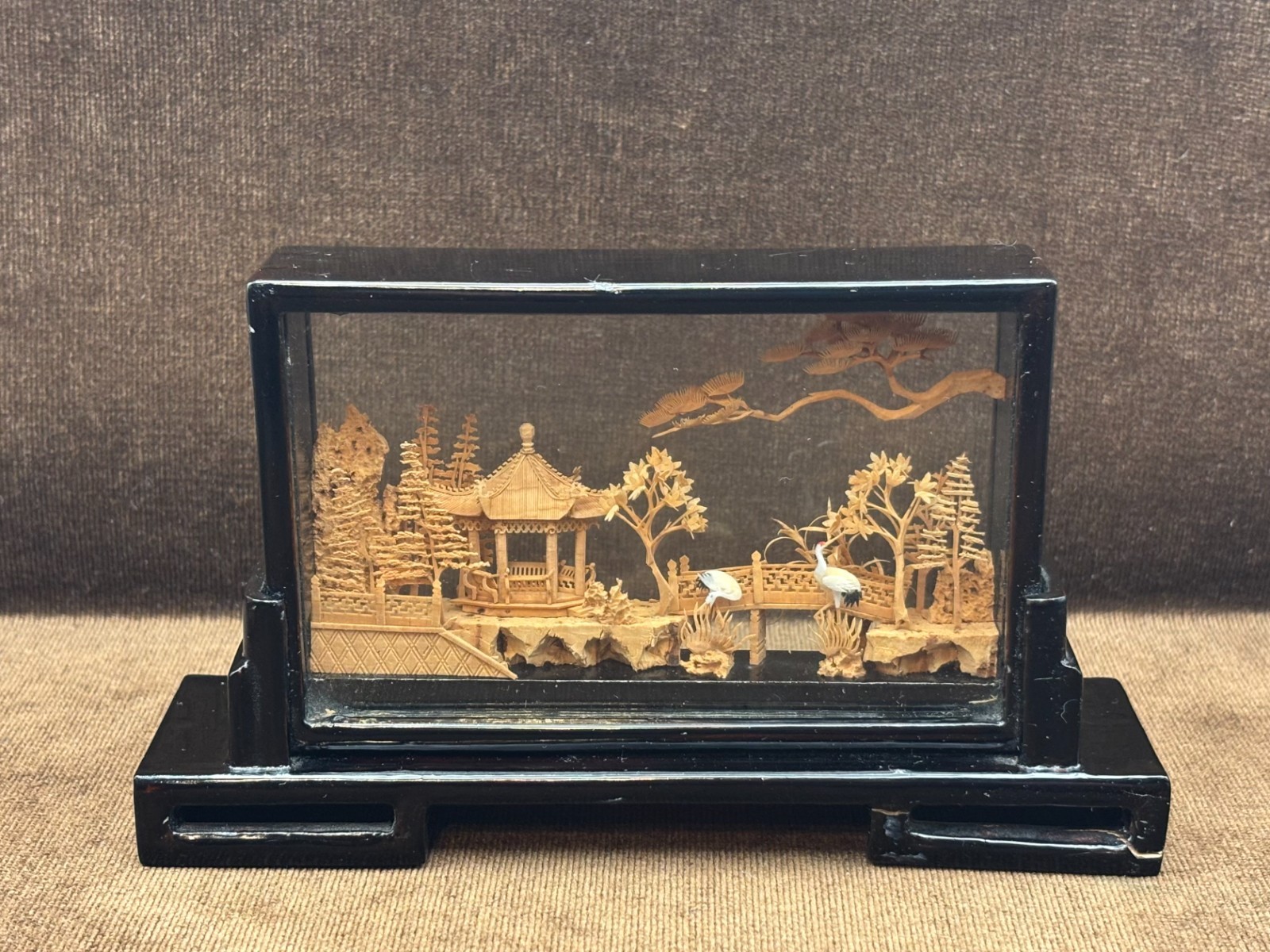 Chinese Carved Cork Sculpture Diorama 2 White Cranes Herons Black Enamel Frame