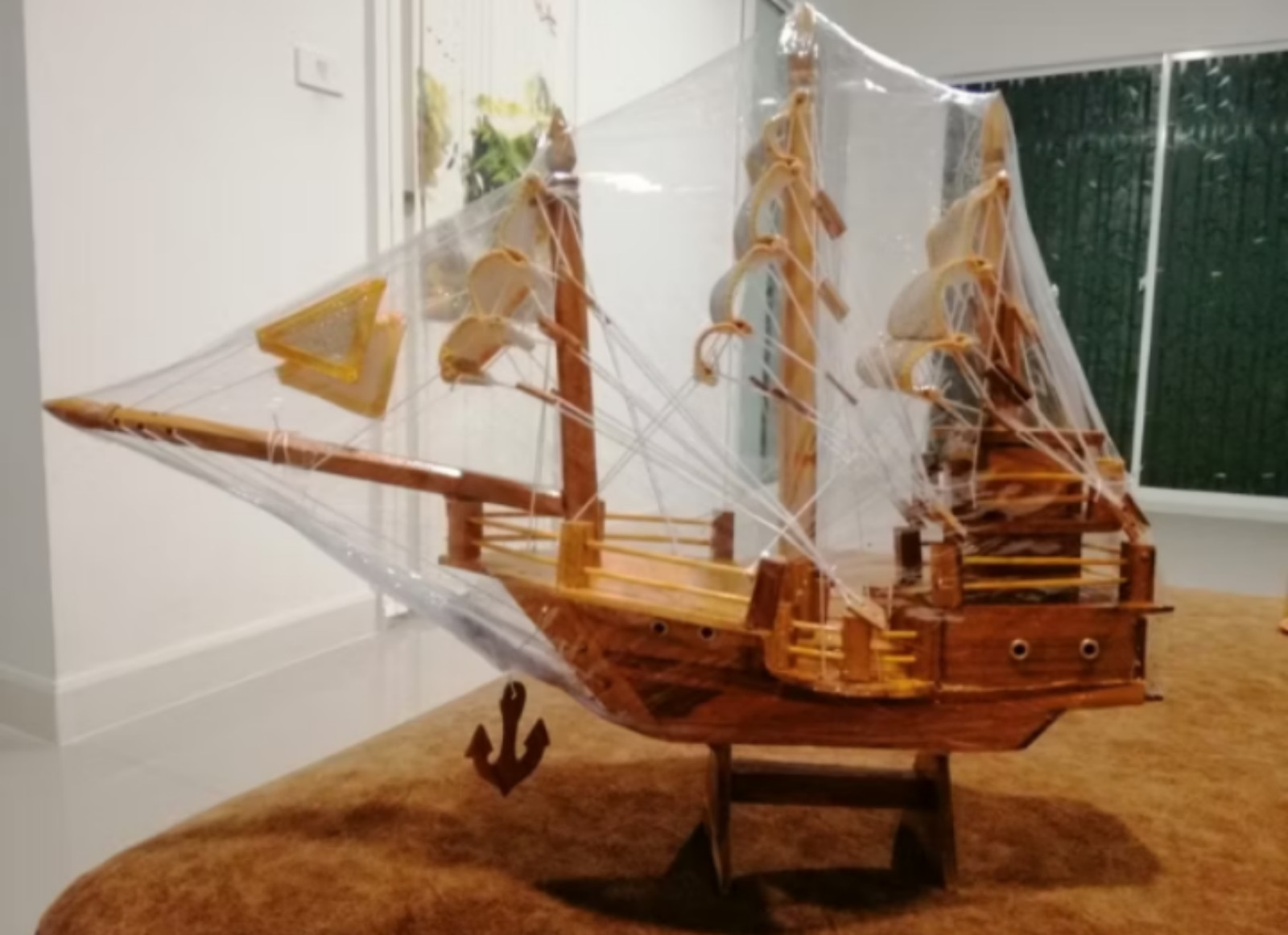 Golden Teak Chinese Junk Ship Model for Prosperity and Fortune