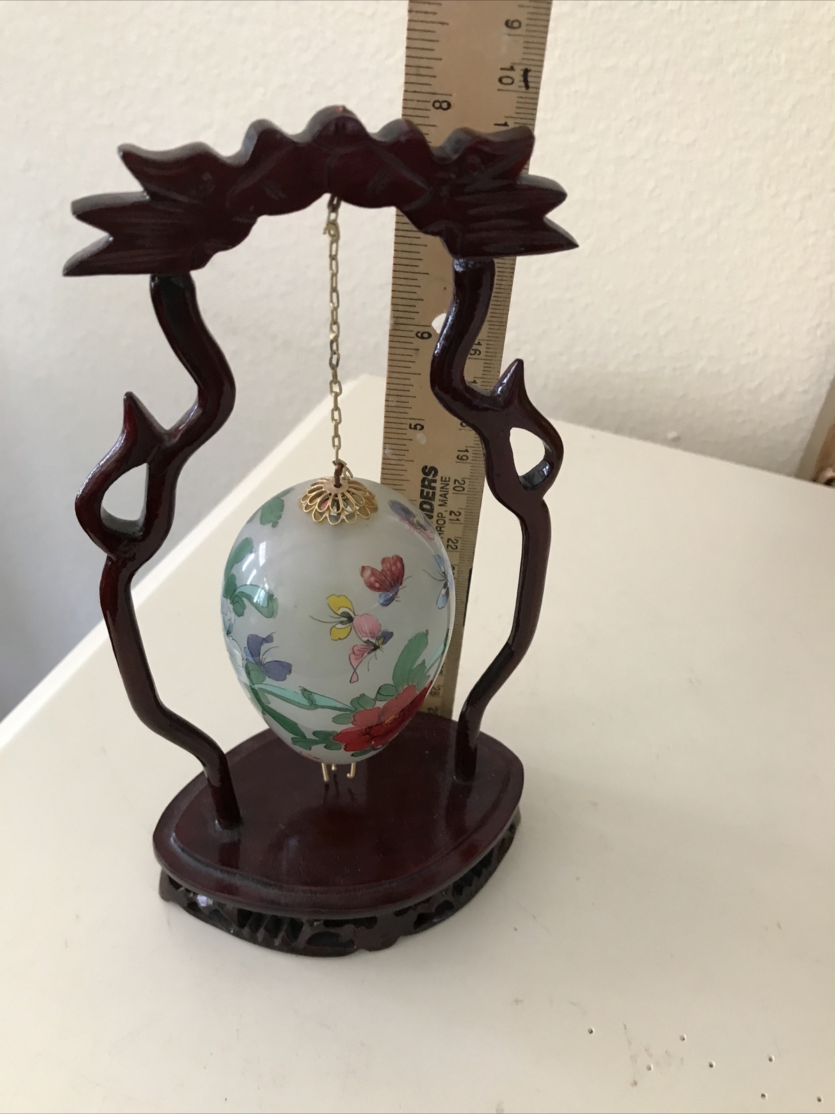 Vintage Reverse Hand painted Hanging Chinese Glass & Brass Egg On Wood Stand