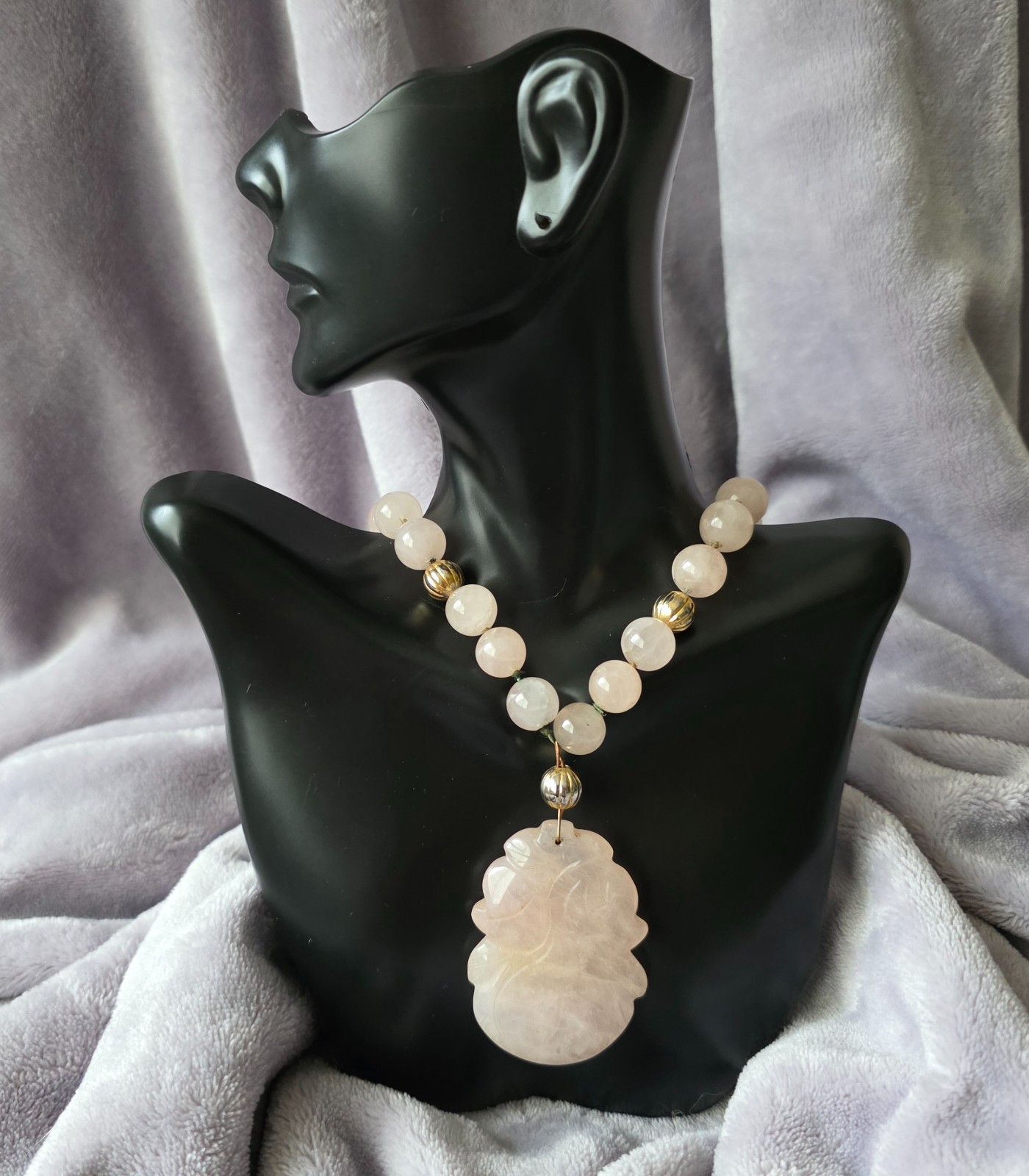 Vtg 1950s Sumptuous Chinese Carved Rose Quartz Lotus Flower Beaded Necklace
