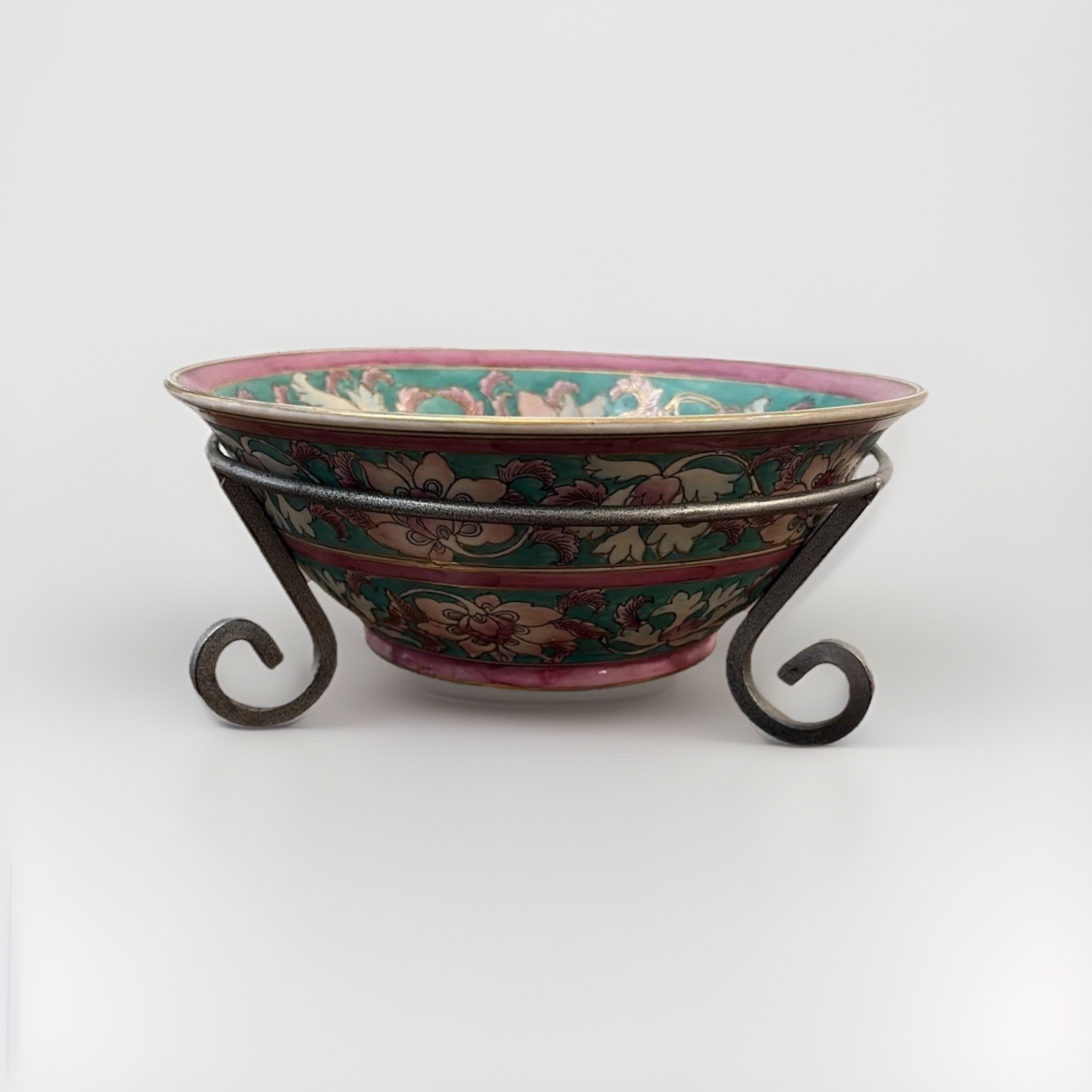 Vtg Chinese Enamel Cloisonné Bowl & Stand Made In Macau Green Mauve White Gold
