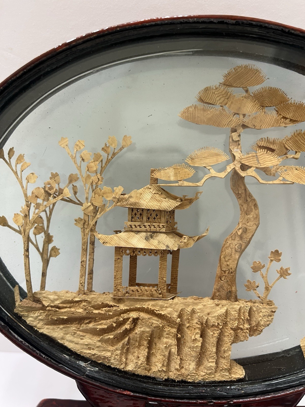 Vintage Chinese Hand Carved 3D Cork Diorama Framed Trees Pagoda Silk Crane 8×8”