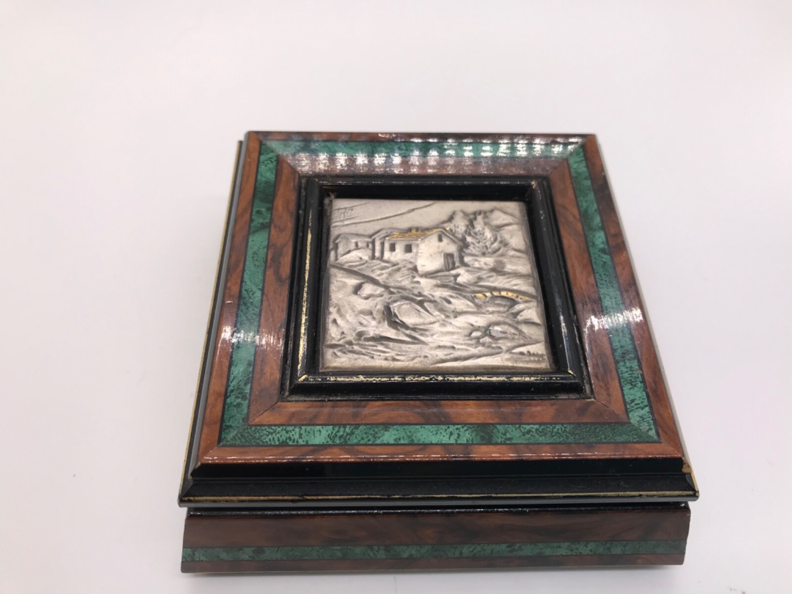 VINTAGE CARVED METAL RELIEF SCENE ITALY black laquer marguetry