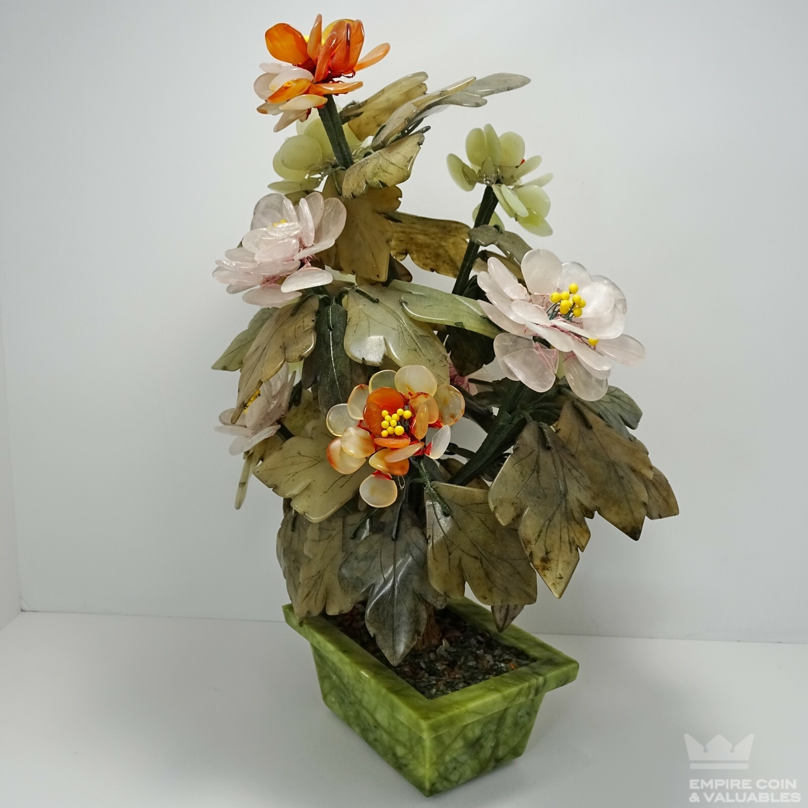 Vintage Chinese Carved Bonsai Jade, Carnelian, & Rose Quartz 13″ Flower TREE *E1