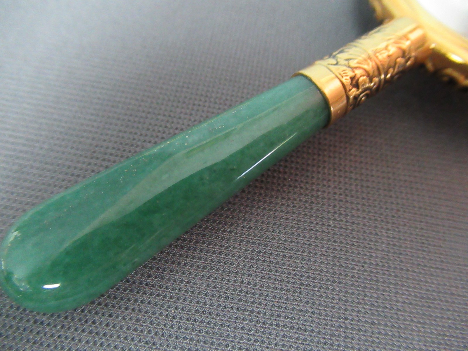 Vintage Chinese Small Hand Mirror Jade Handle Gold Tone Gemstones w/ Cover g6 bz