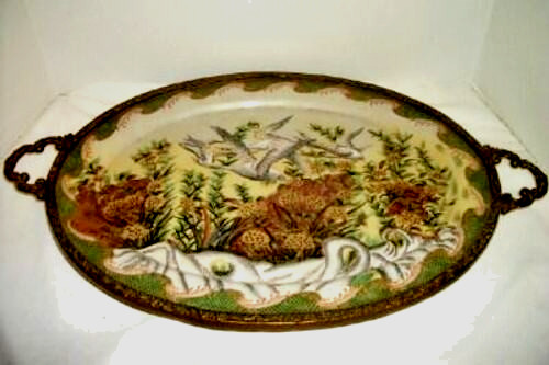 Chinese Hua Rong Tang Zhi Tray Porcelain HP Cranes White Tiger Bronze Rim Handle