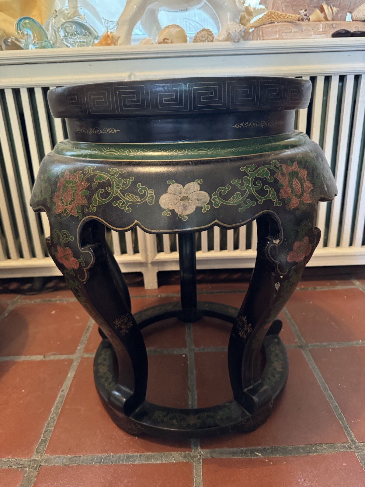 Antique Chinese Cloisonne Top Round Jardiniere Stand Two Fish Motif