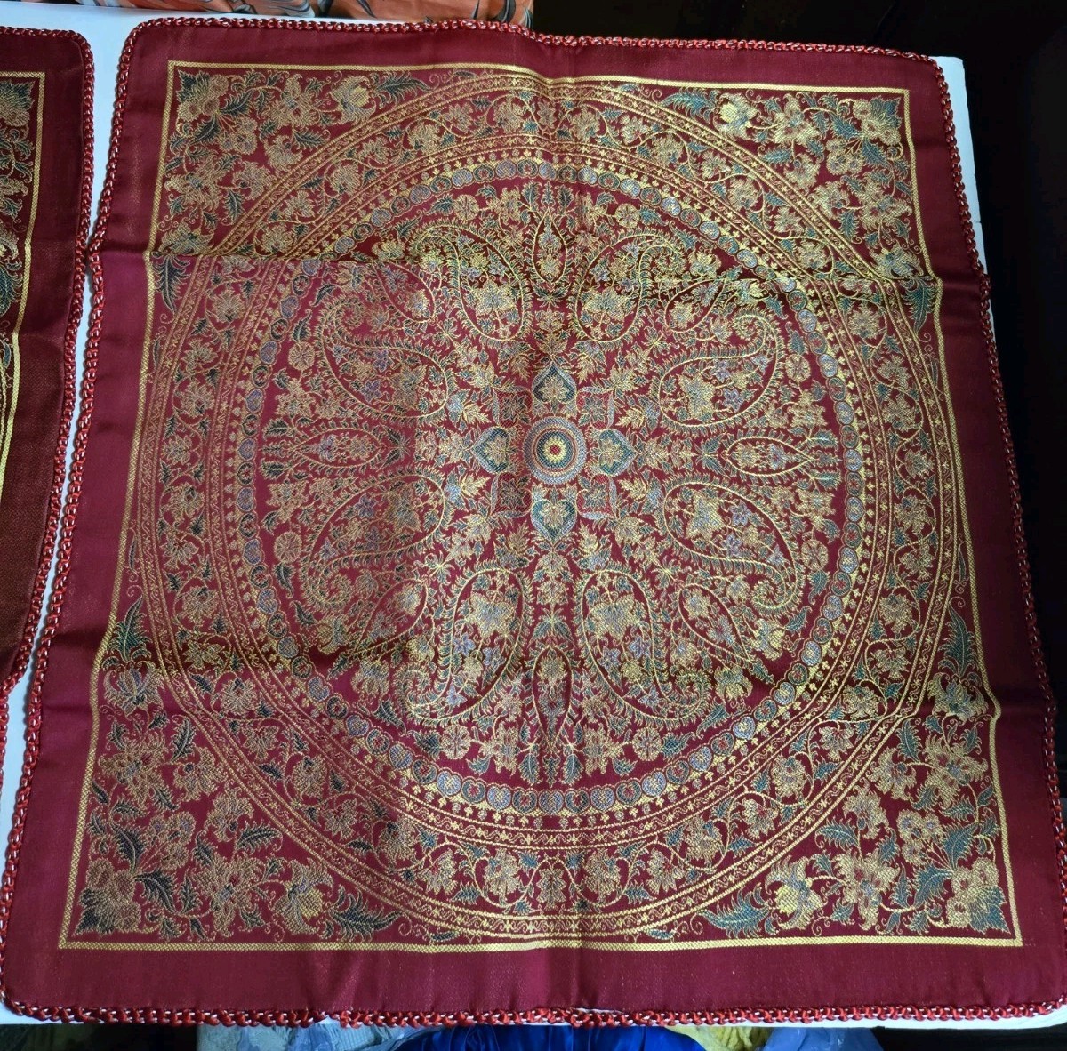SET OF 2 Vintage Chinese Silk Brocade Pillow Covers – Red Gold Mandela – 20″