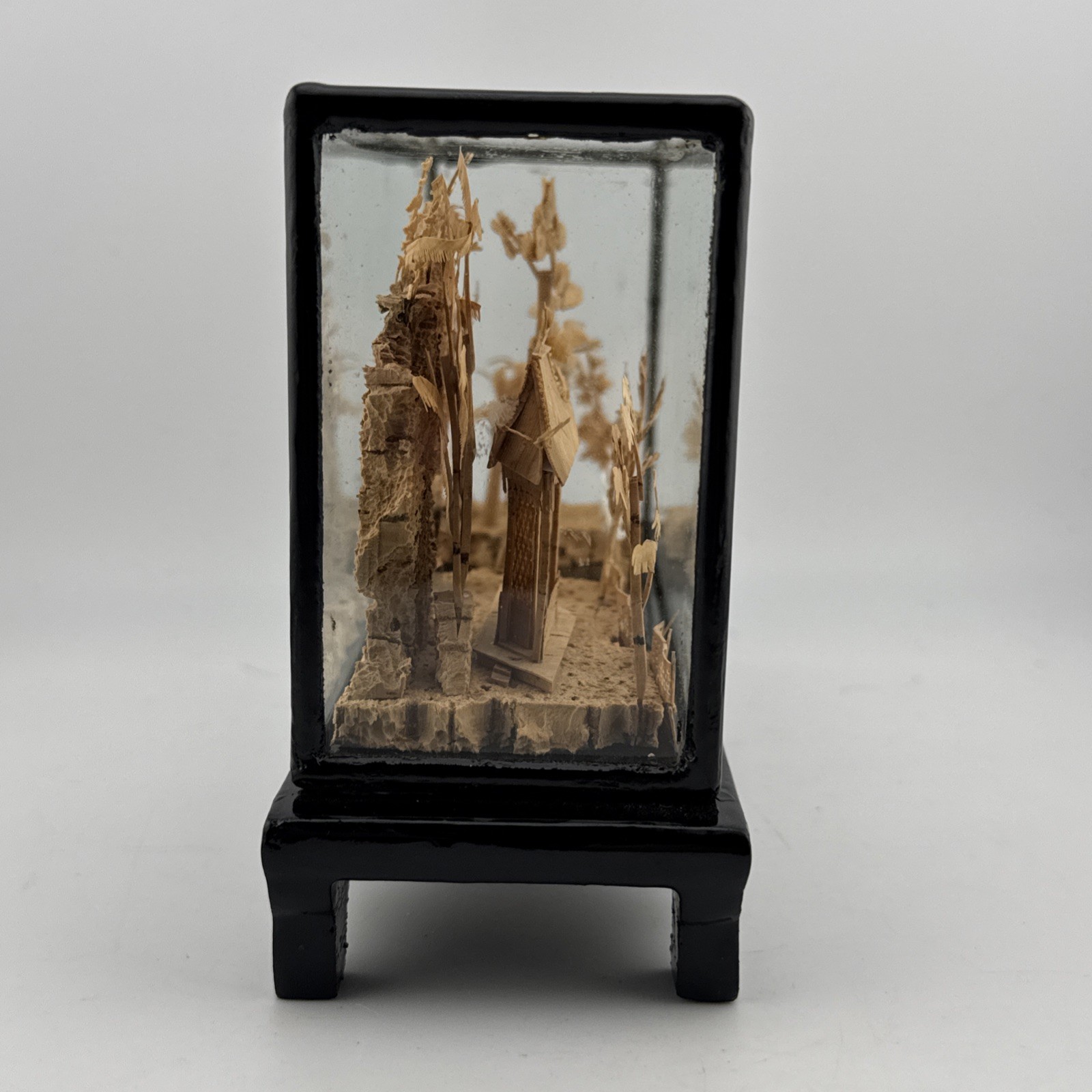 Vintage Chinese Hand Carved Cork Diorama with birds Framed Glass Wood