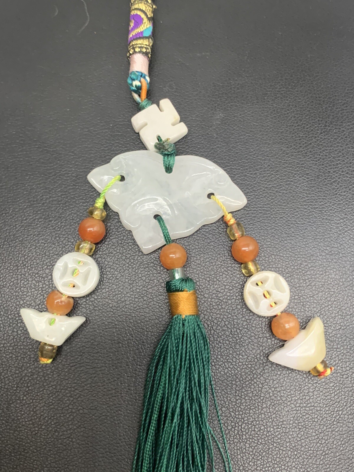 Vintage Chinese Natural Jade And Carnelian Beaded Lucky Charm Tassel Pendant M2