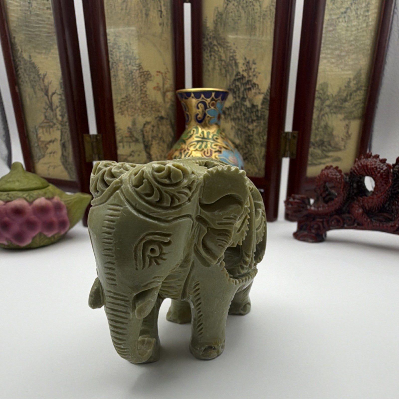 Antique Chinese Handmade Collectible Set: Vase, Teapot, Dragon, Elephant, Screen
