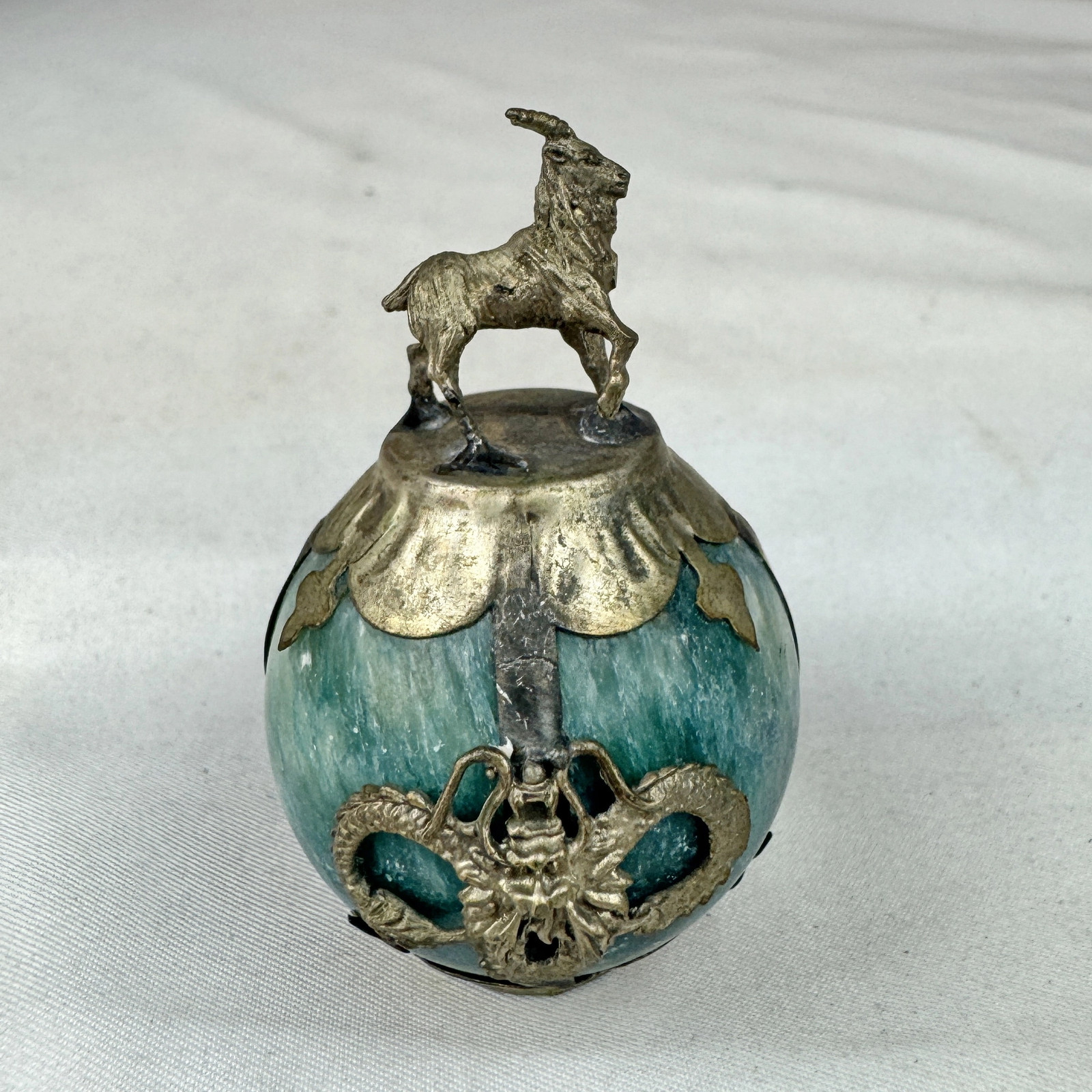 Vintage Chinese Zodiac SHEEP Green Marble Orb, Pewter/Tin Finial, Dragon Motif