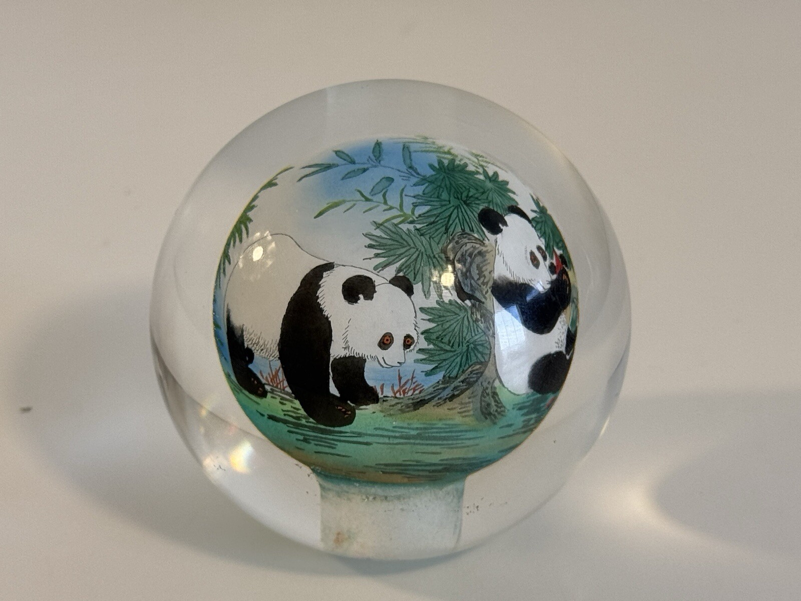 Chinese Glass Ball Sphere Paperweight Reverse Hand Painted Pandas