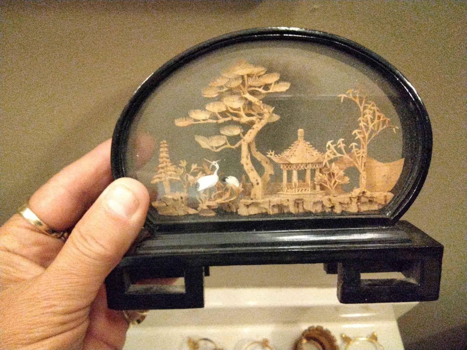 Chinese Lacquered Oval Hand Carved Cork Diorama, Pagoda Trees Cranes