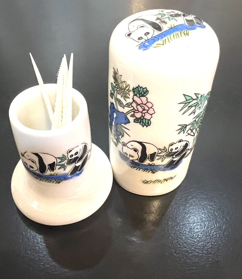 2 piece Chinese porcelain toothpick holder, panda bear paintings