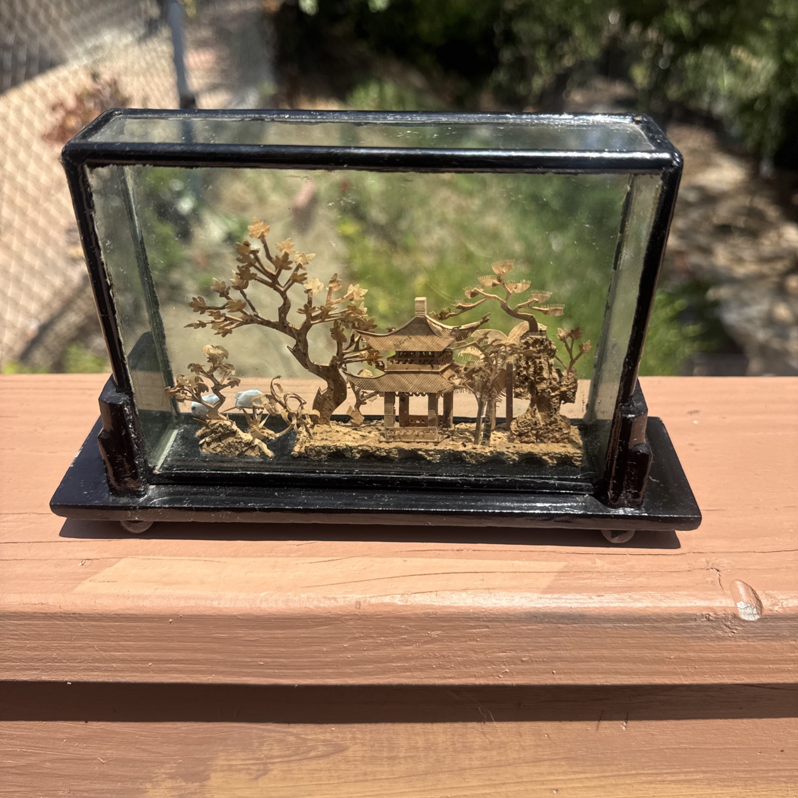 Vintage Chinese Hand Carved Cork Diorama with birds Framed Glass Wood 8” x 5”
