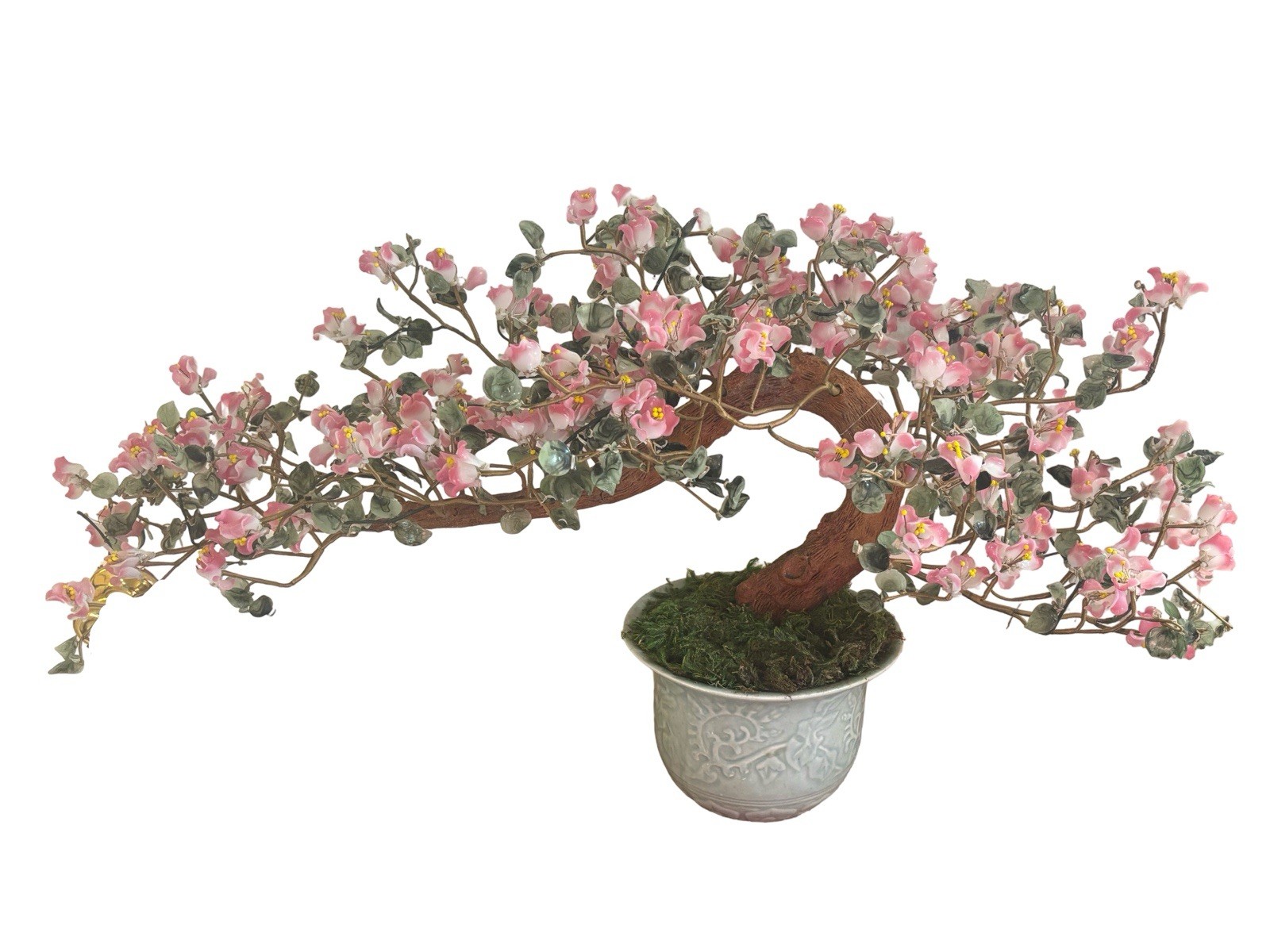 Vintage Chinese Jade Quartz Stone Glass Flower Bonsai Tree 16” x 28”