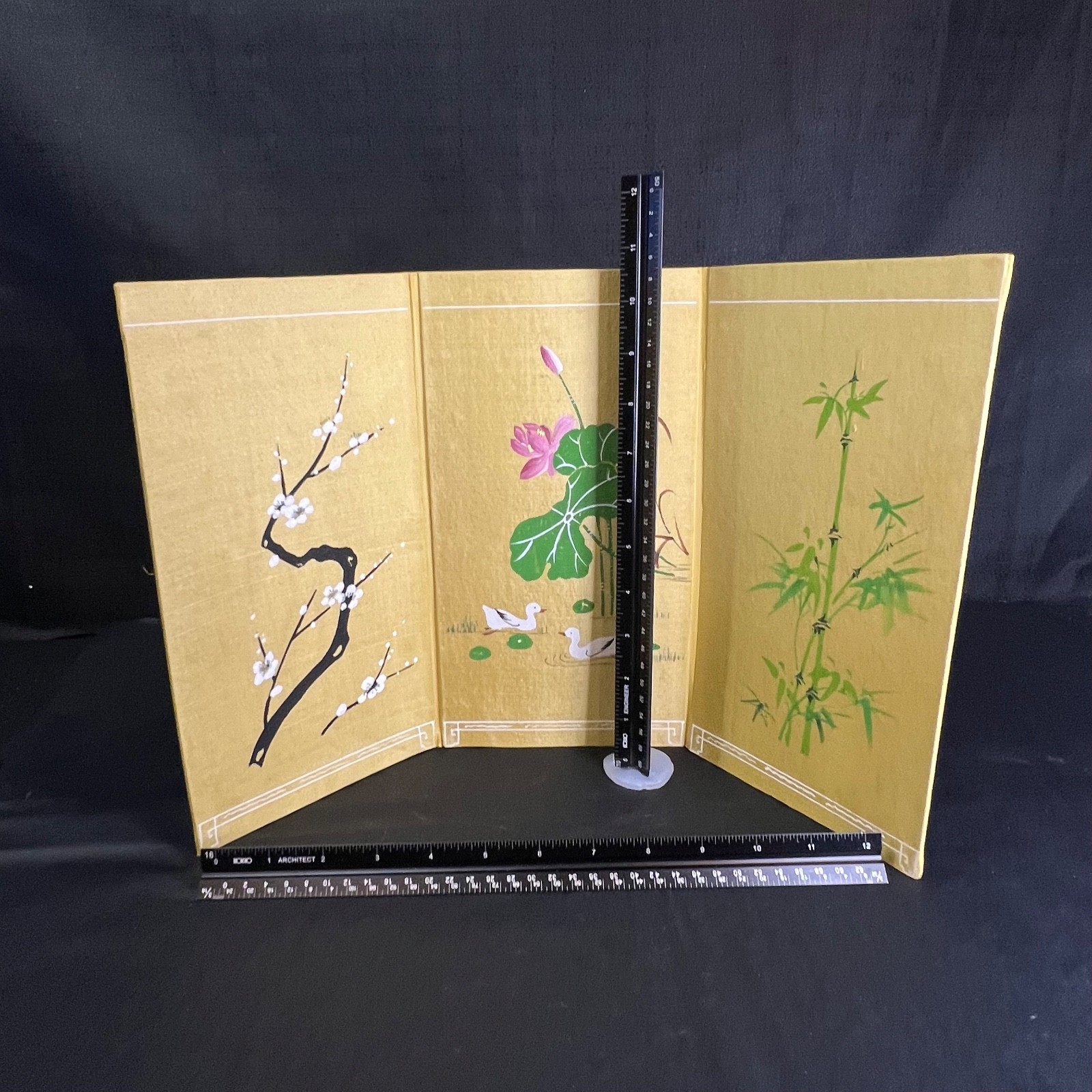 VTG 3 Panel Table Top Folding Screen Painting Blossom Ducks Bamboo China 17.5″L