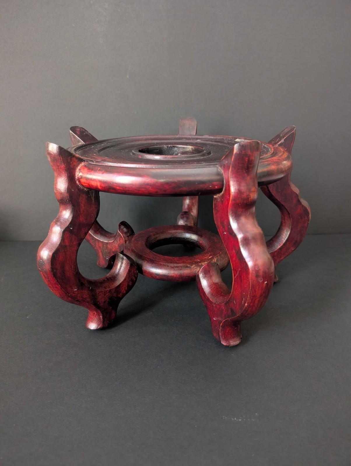 Vtg Asian Wood Fish Bowl Stand Oriental Display Base Plant Pot Holder 8.25″ High