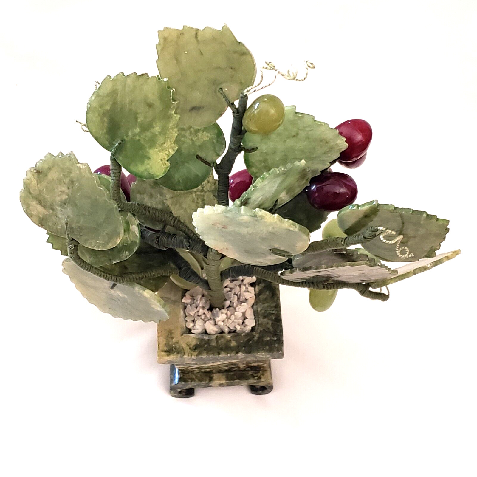 Jade Bonsai Grape Vine Tree Studio Art Carved Stone in Marble Planter 9″ Vintage