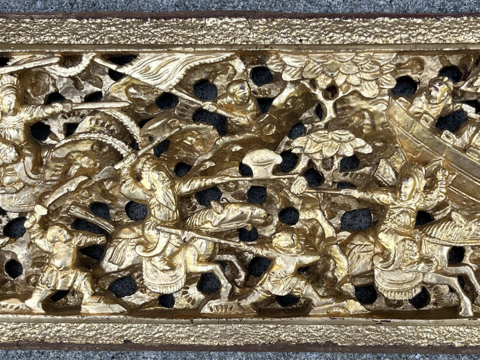 Antique Asian Chinese Gold Gilded Carved Warrior Wood Panel