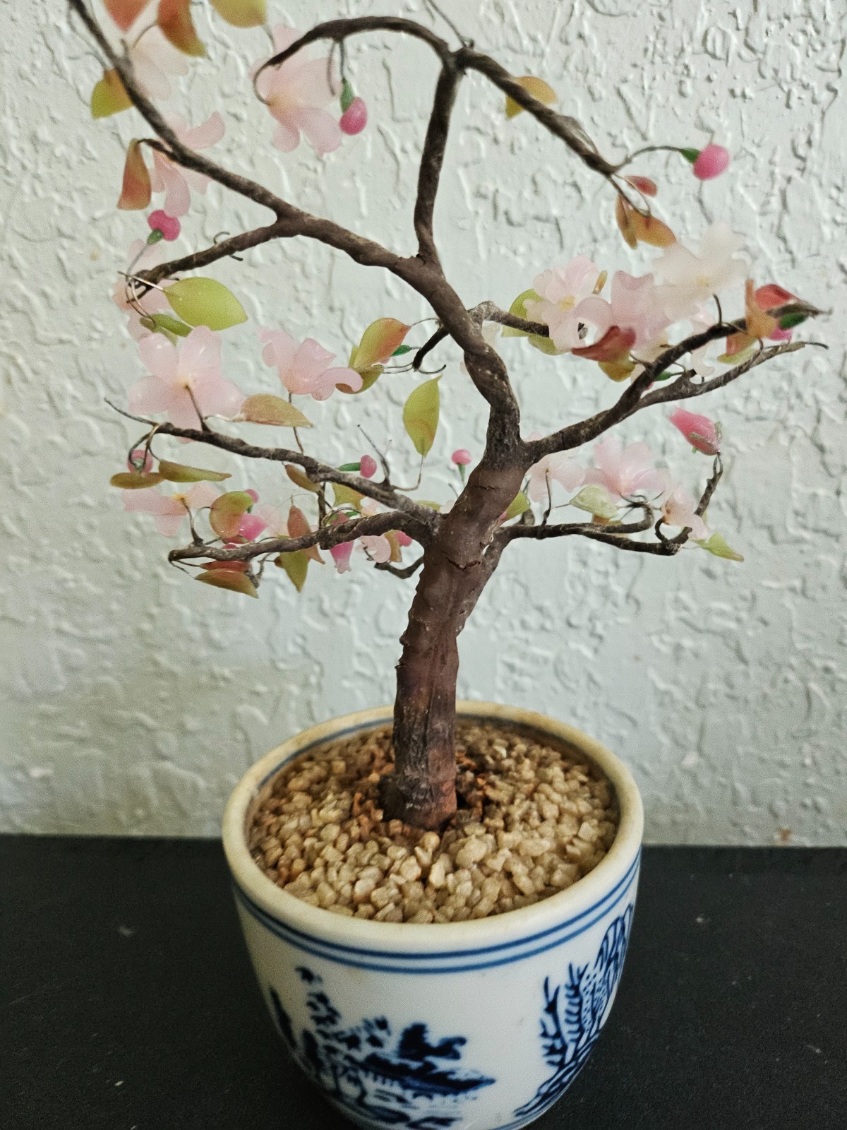 Vintage Jade Glass Cherry Blossom Bonsai Tree Pink Flowers 8” Japan