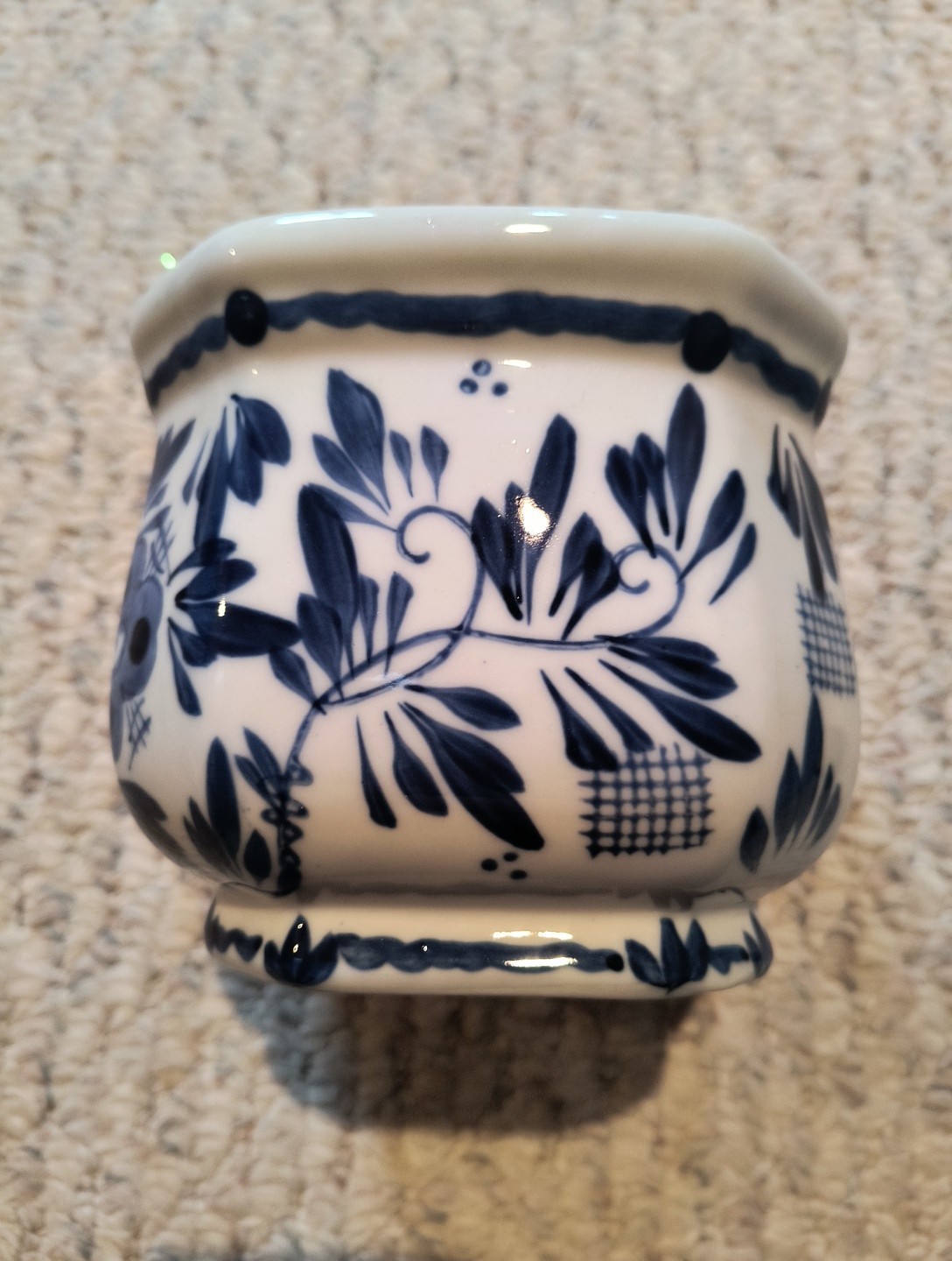 Planter Cloisonne Delft Style Windmill Floral Vintage Blue And White China