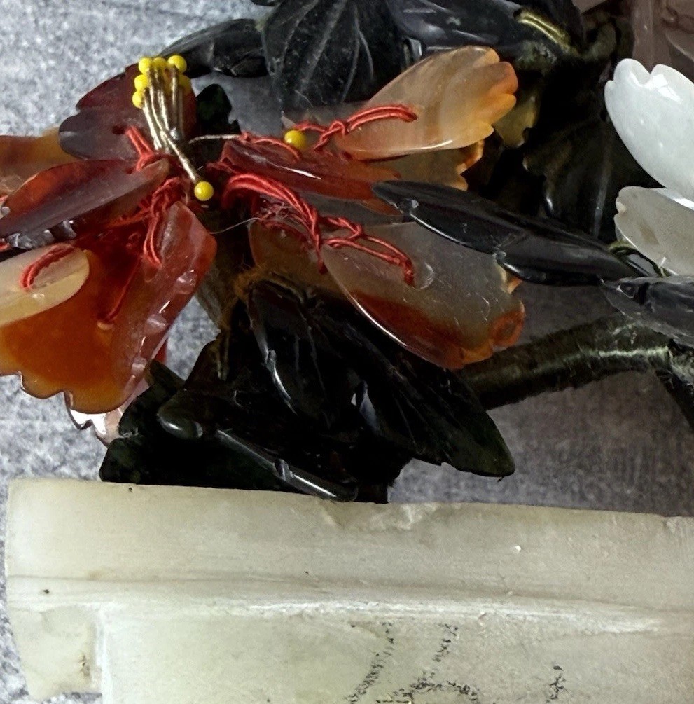Vintage Chinese Jade Carnelian Quartz Flowers Tree Jade Pot