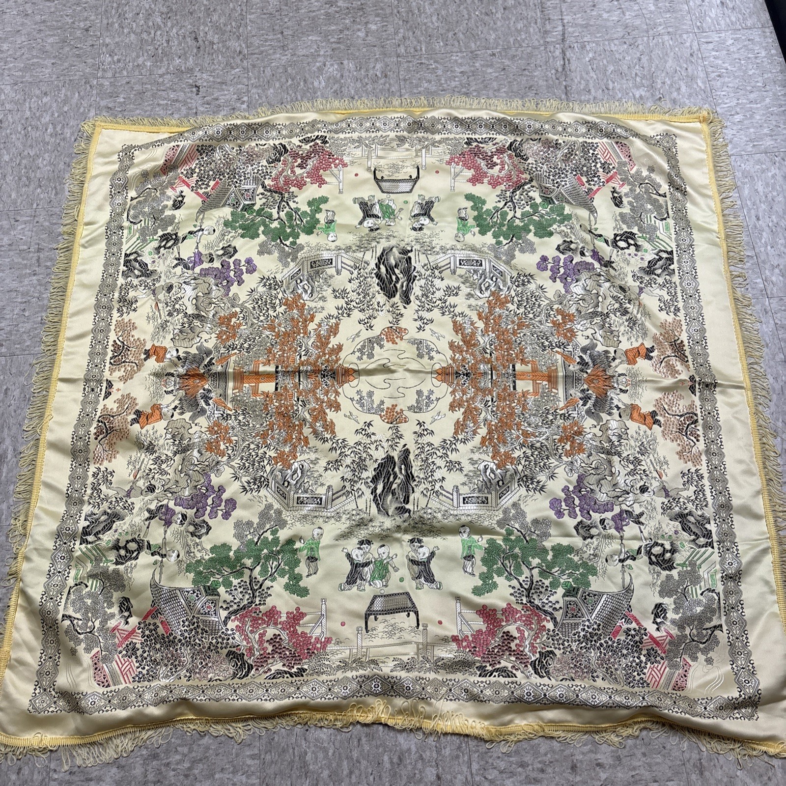 Vtg Brocaded Flowers Chinese Silk Scenic Square Tapestry Table Cloth 46″ X 48″