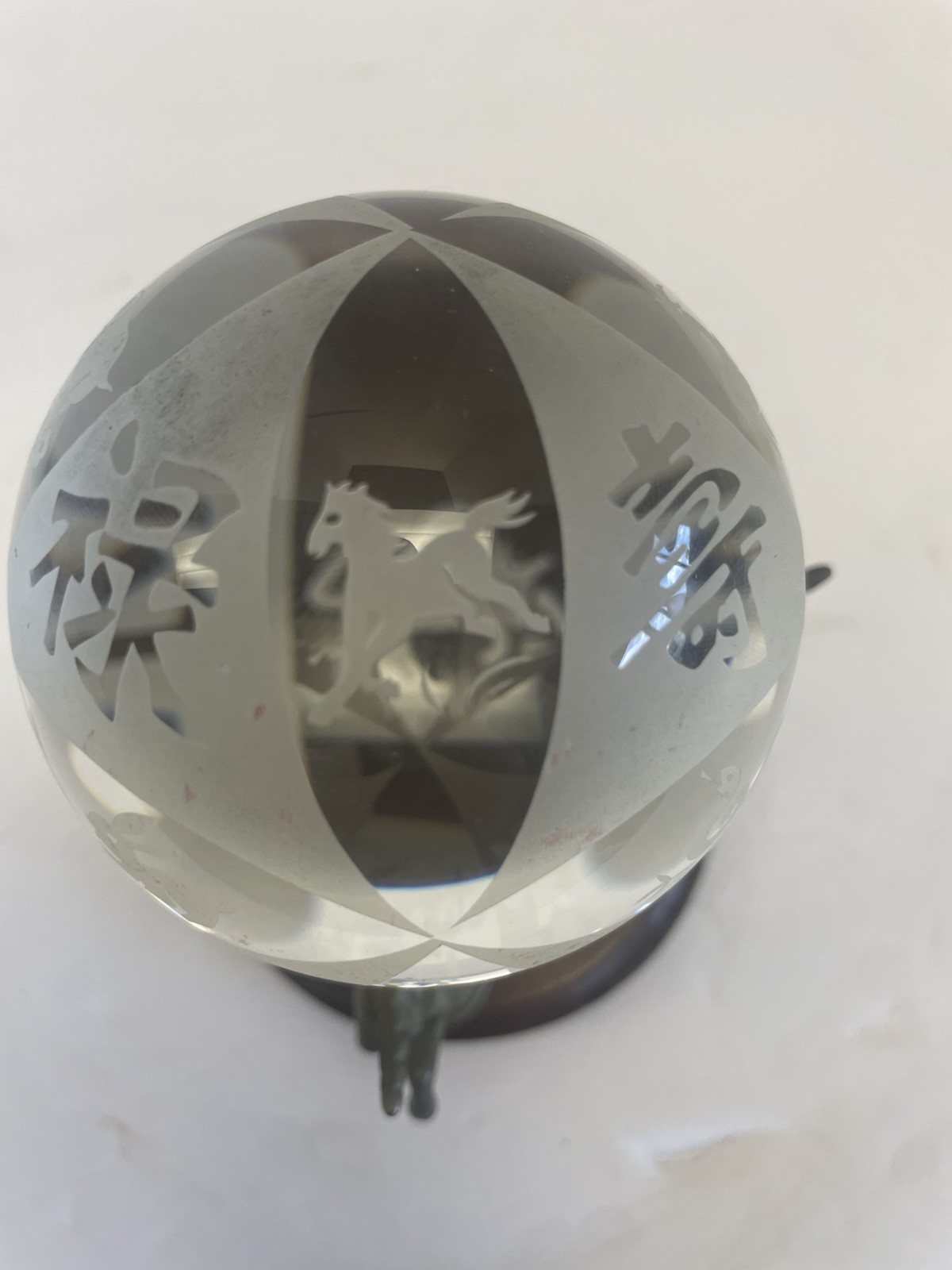 Chinese Zodiac New Year Etched Crystal Ball W Vintage Brass Unicorn Stand