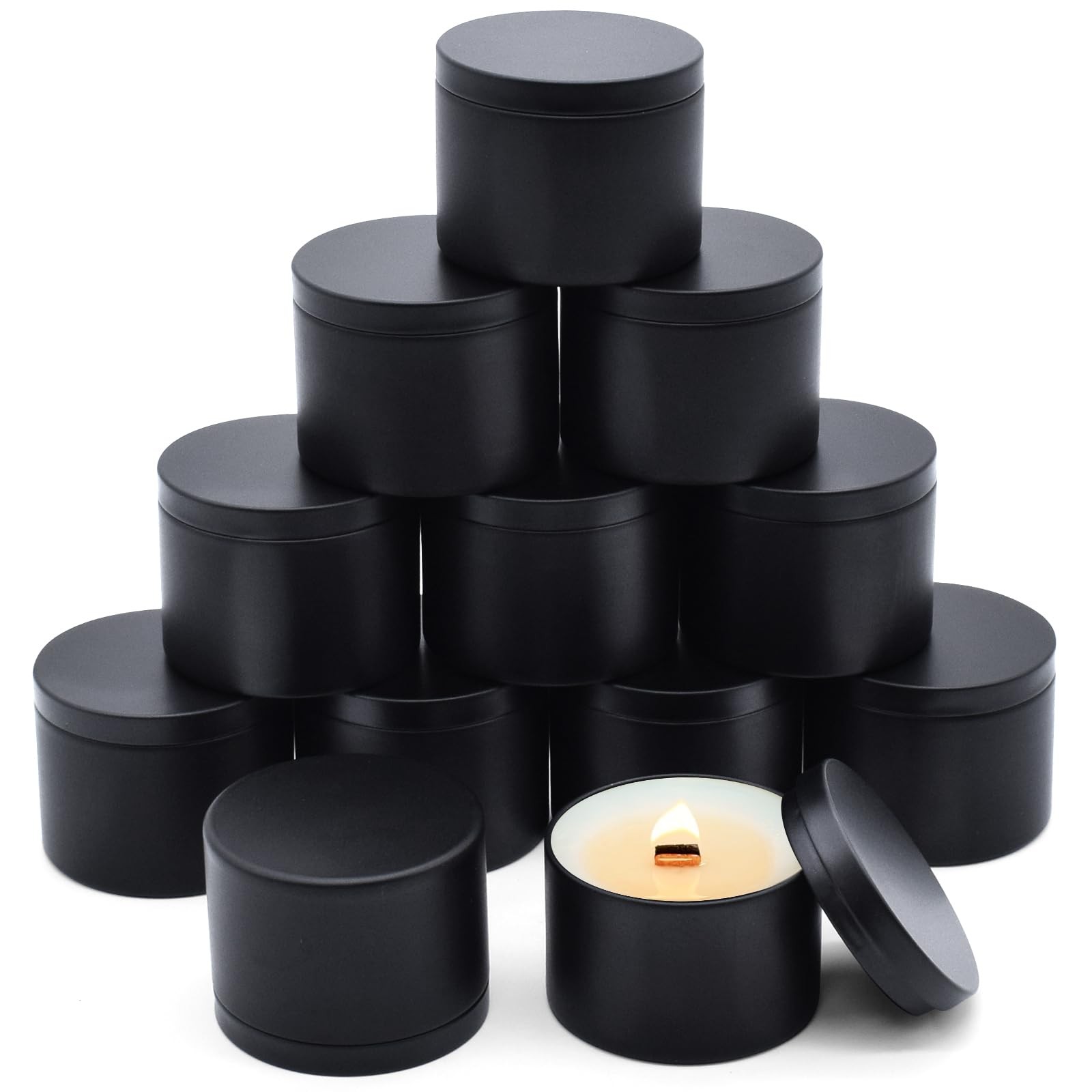 12 PCS Full Black Empty Metal Candle Jars Tins Containers Lids DIY 8 Oz