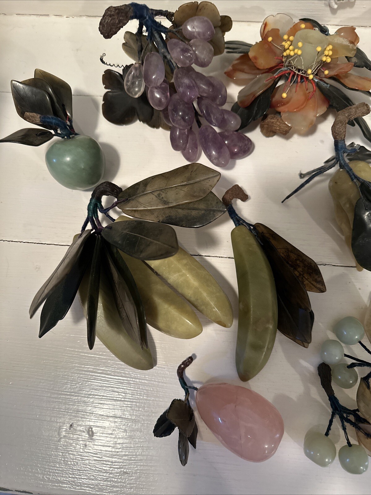 Group Chinese Carved Jade, Agate, Rose Quartz Gemstone Flowers Fruits Vegetables