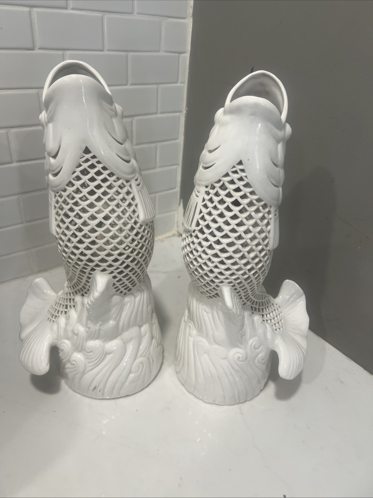 Vintage 1950s Reticulated Porcelain Blanc De Chine Fish Sculpture Pair 14” Large