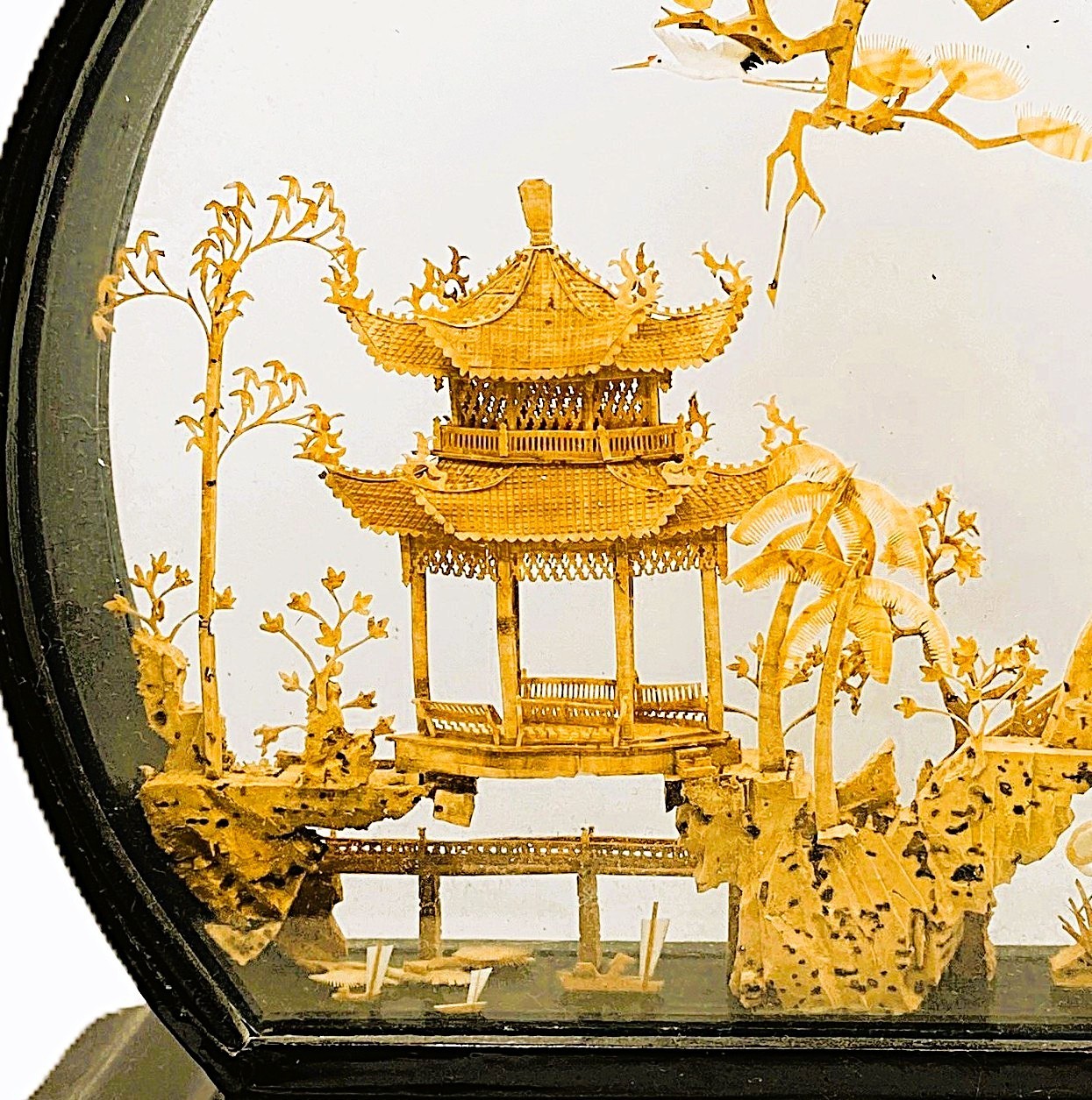 Vintage Chinese Cork Art Carving Diorama Pagoda Landscape Black Frame