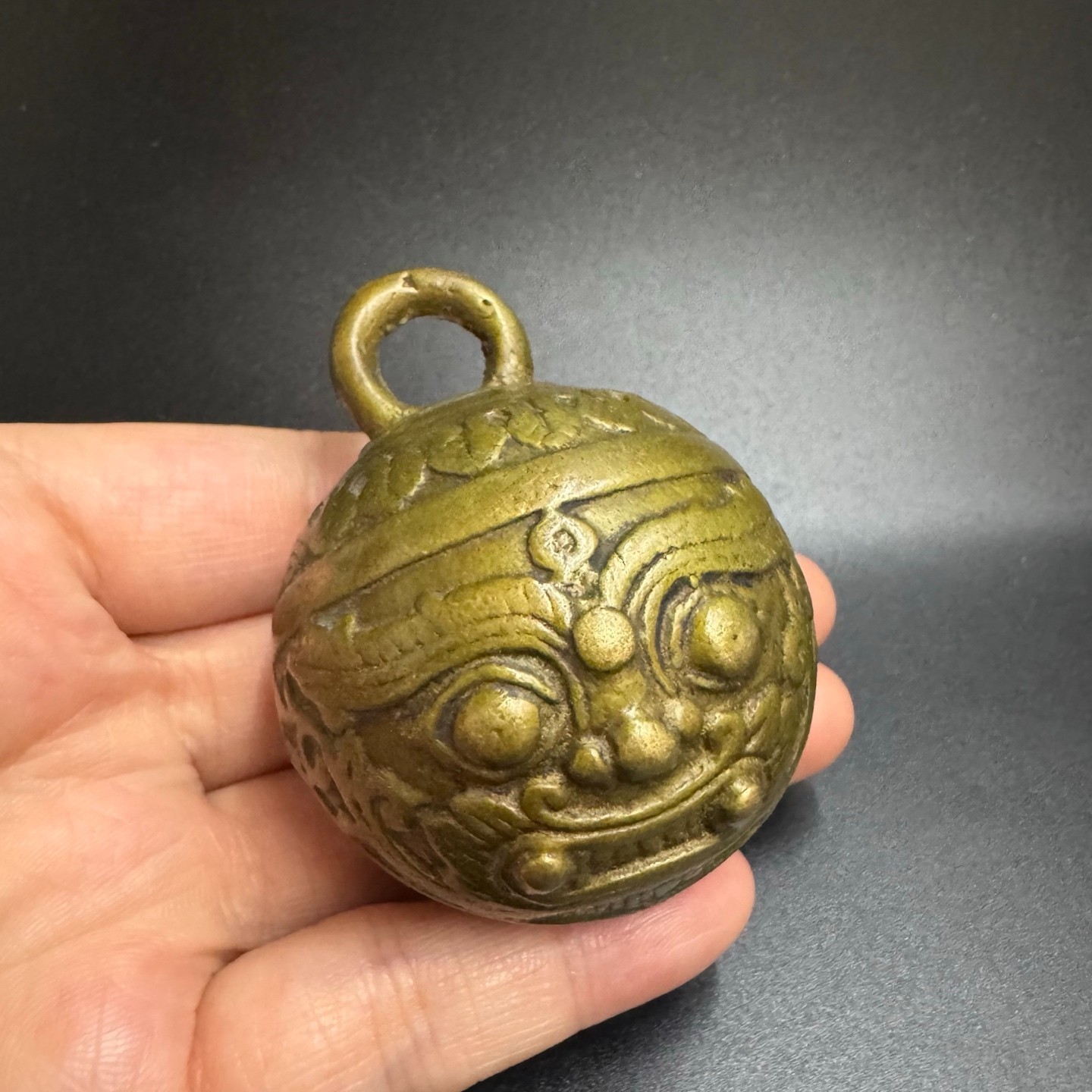 Vintage Chinese Bronze Lion Face Bell Antique Brass Beast Head Hanging Ornament