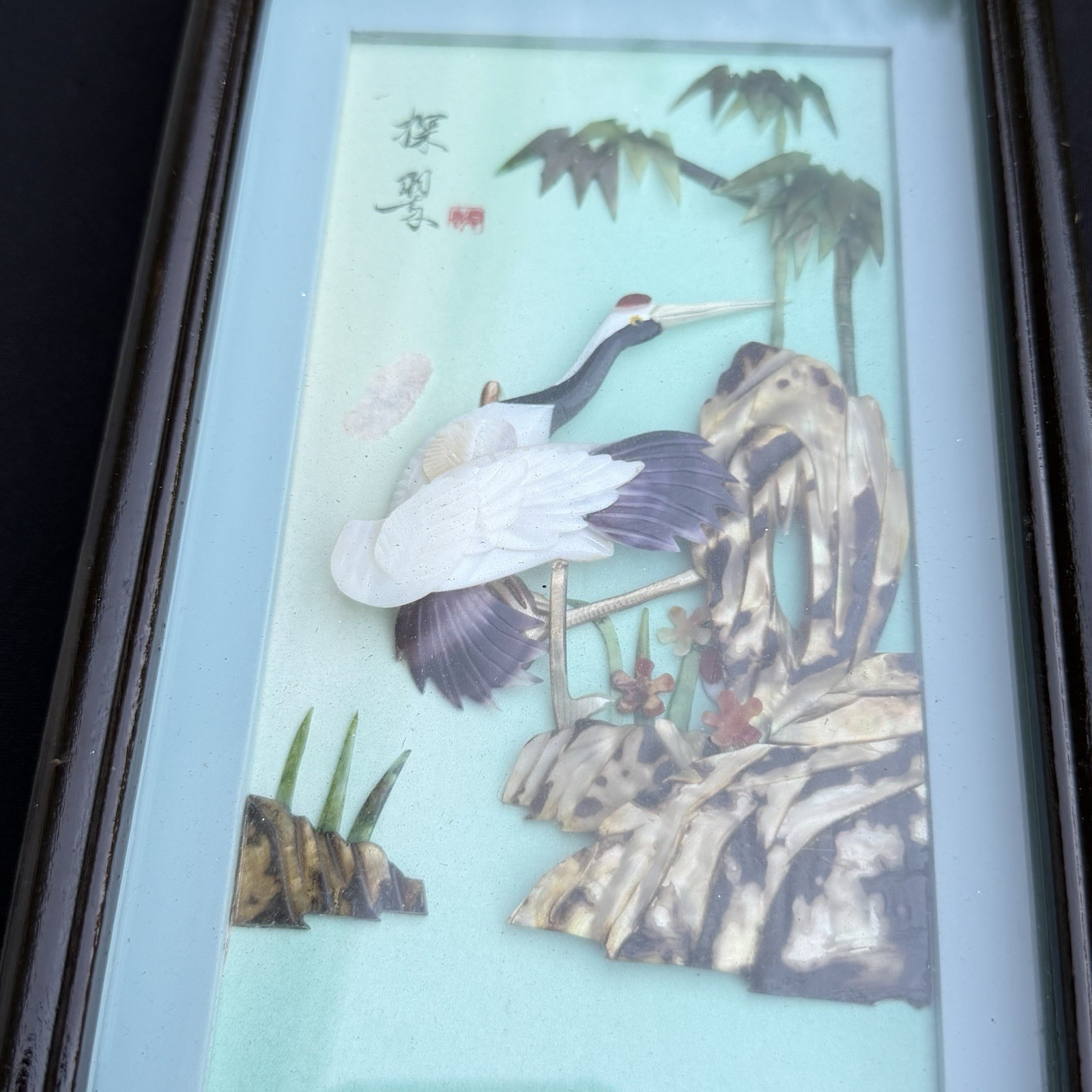 Vintage Asian 3D Shadowbox Wall Hanging Red-Crowned Cranes Shell Nature 9.5×5.5”
