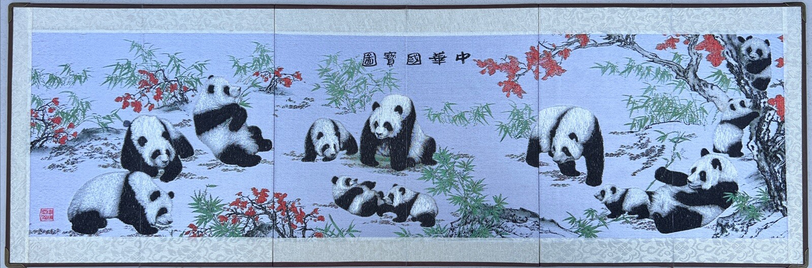 Chinese National Treasure Map Pandas Playing Art Home Decor Folding