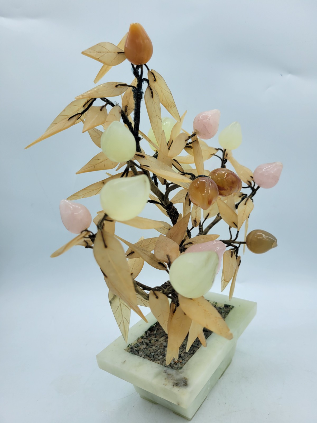 Antique Japanese Jade & Agate Stone Glass? Peach Bonsai Tree 10″ x 10″