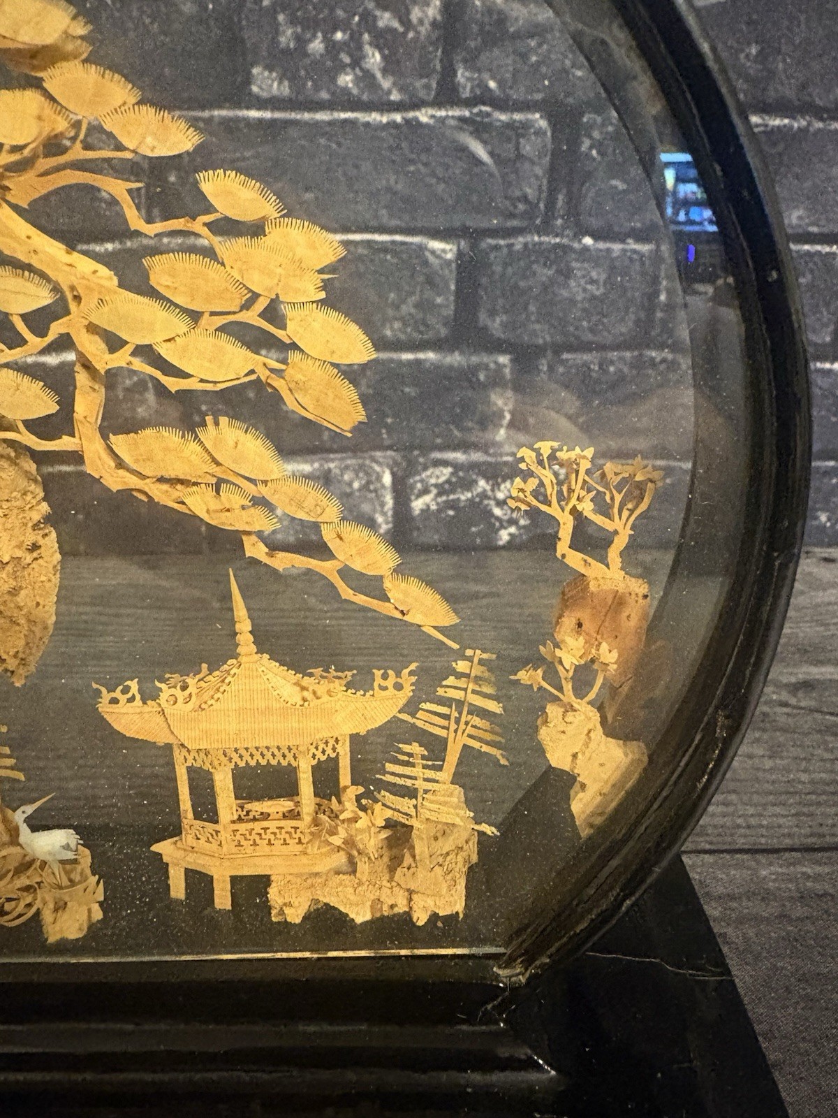 VINTAGE ROUND CHINESE CORK ART HAND CARVED DIORAMA PAGODA CRANES TREES CLIFF 9″