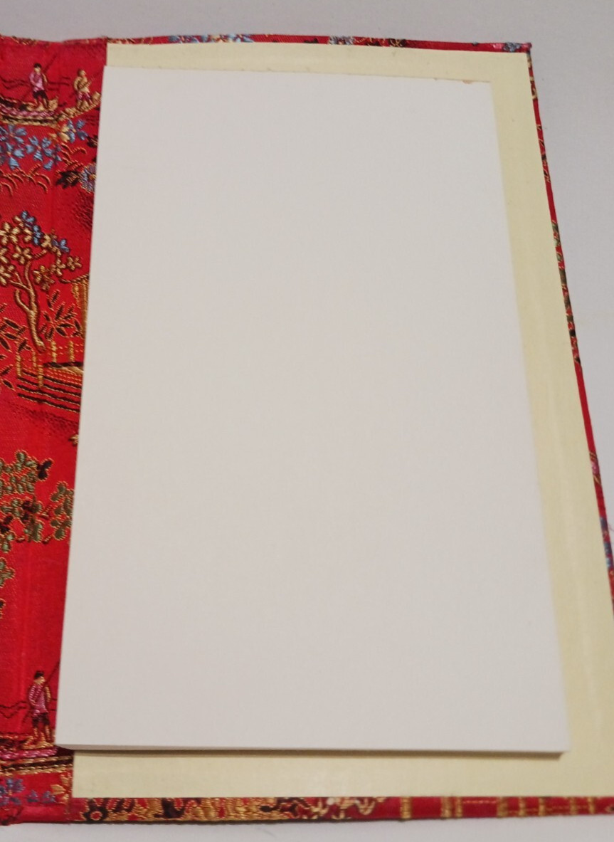 Note Pad Chinese Red Fabric Brocade Print of Woman Dancing Front Cover Vintage