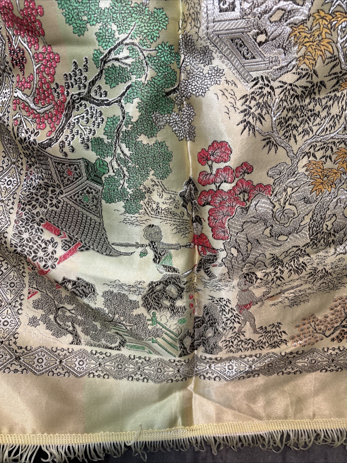 80s Vintage Chinese Silk Brocade Tablecloth, Wall Decor Tapestry Embroidery